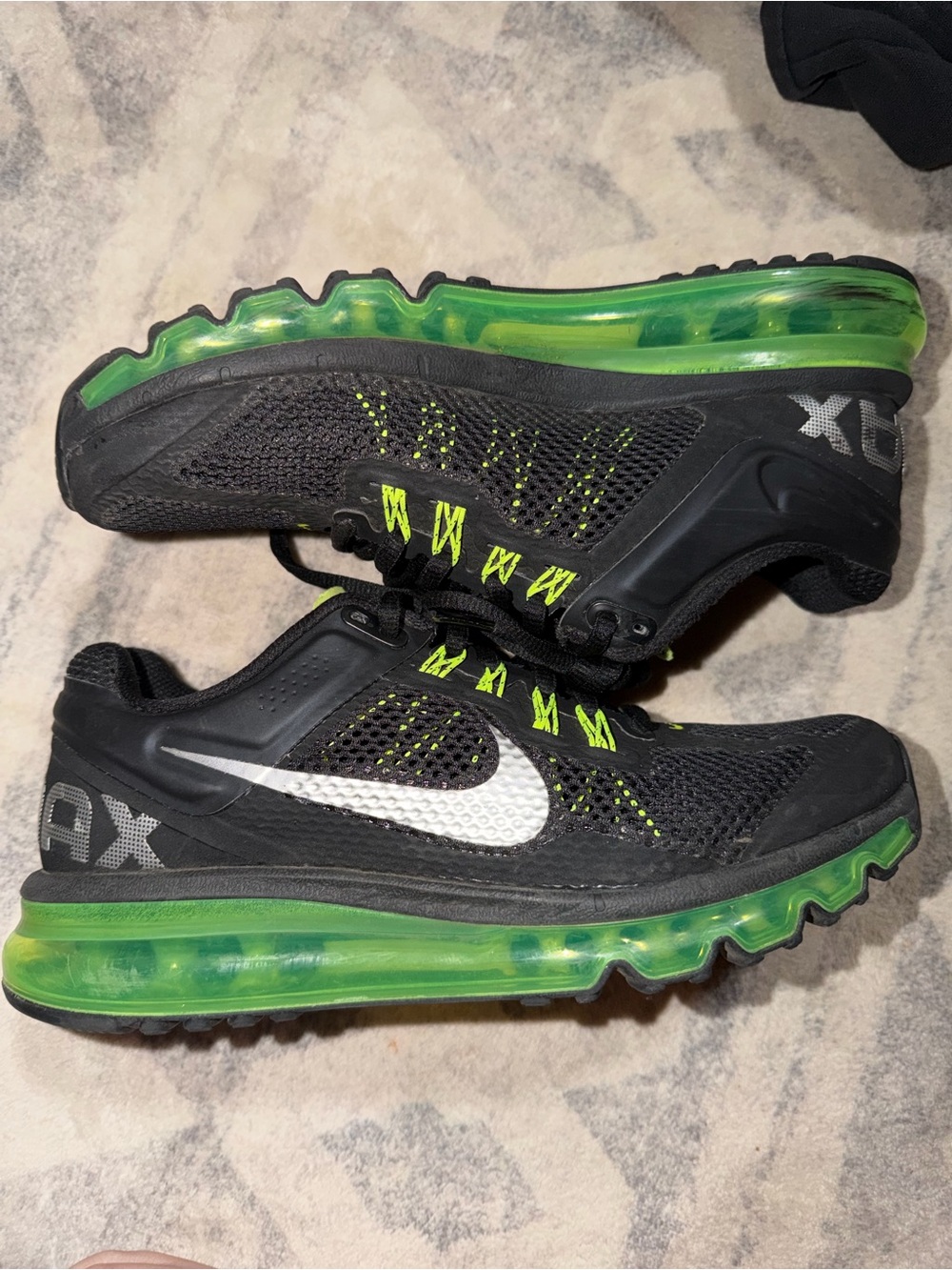 Nike AirMax Kids Black Sneakers with Green Air Sole and Silver Swoosh
